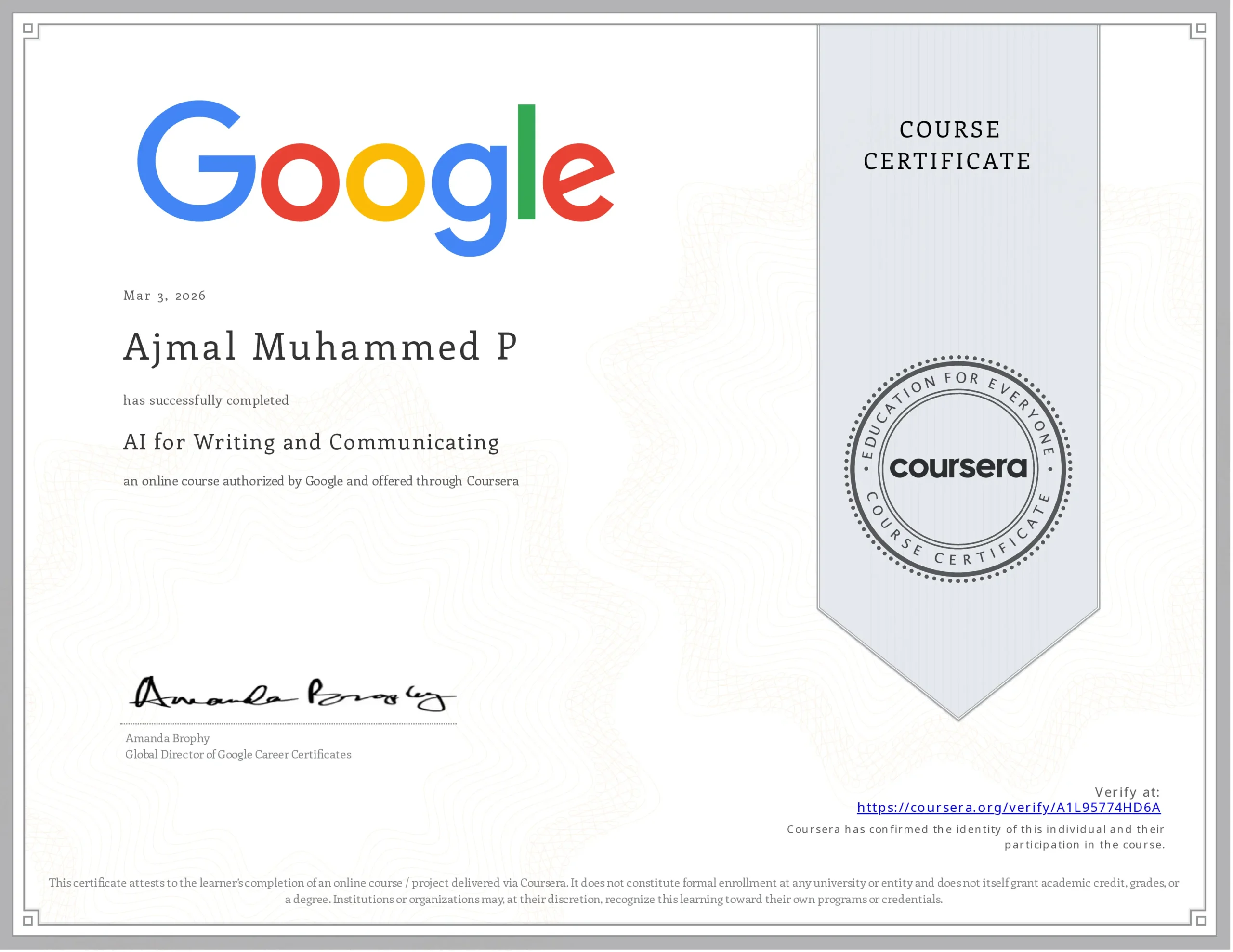AI for Writing and Communicating coursera Certification
