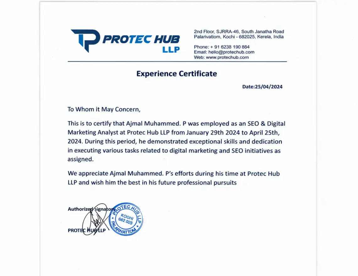 Protec Hub LLP Experience Certificate