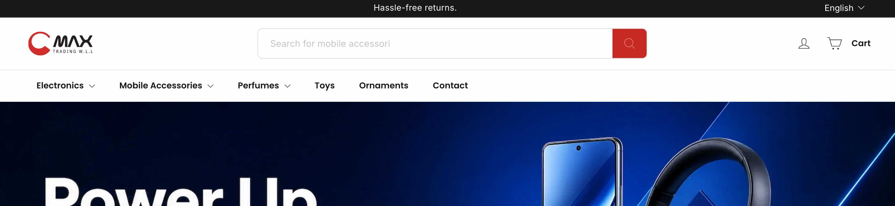 CMAX Trading persistent header search bar between logo and account/cart icons