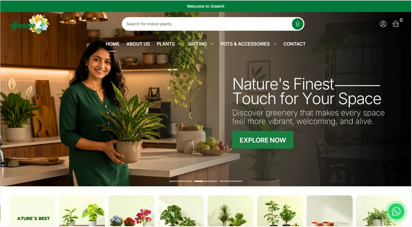 GreenX Online Shopify store homepage showing plant categories, comparison slider, and discovery sections