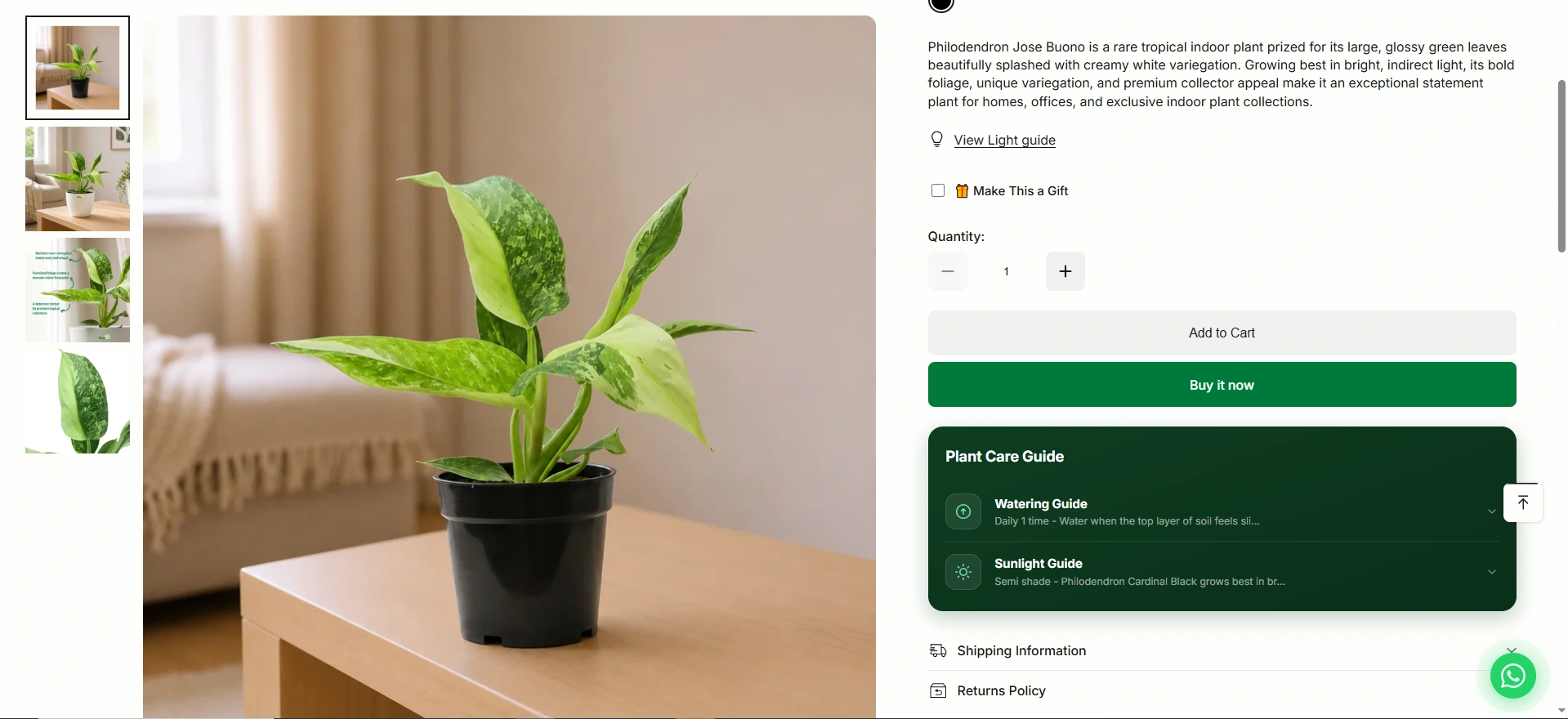GreenX product page showing planter selector, plant care guides, and trust messaging