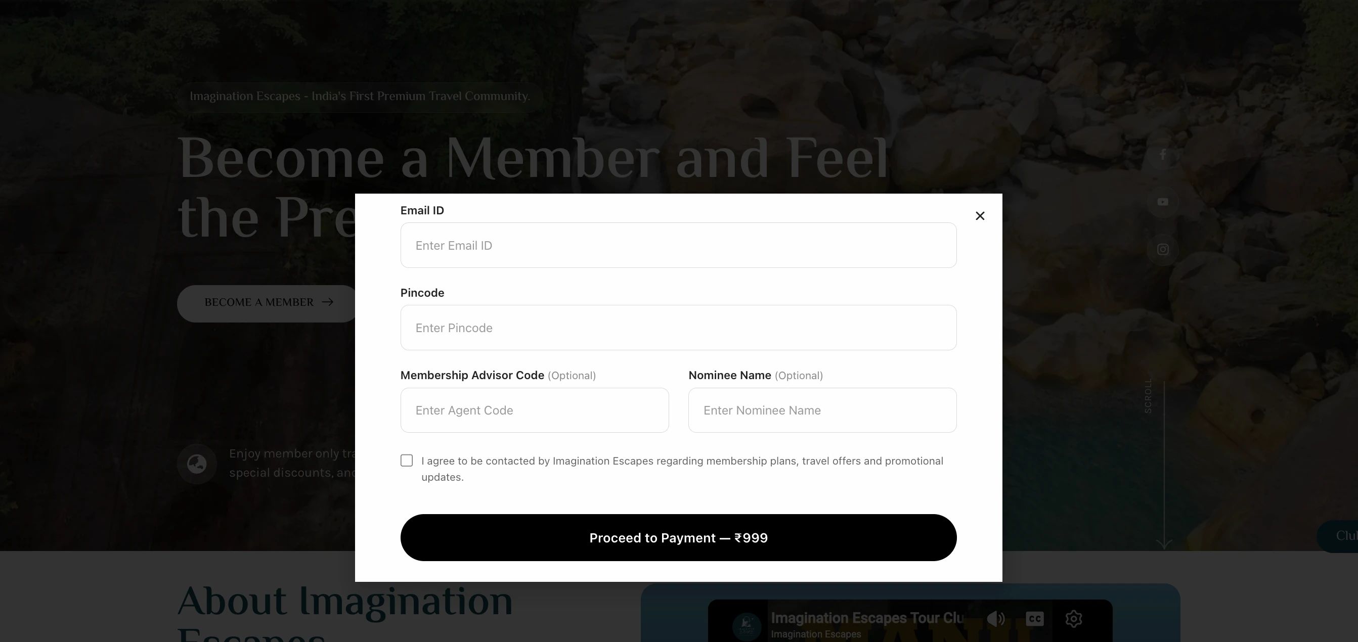 Imagination Escapes membership sign-up form and Razorpay Orders one-time payment checkout screen