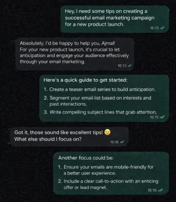WhatsApp AI assistant providing marketing tips and business growth strategies automatically