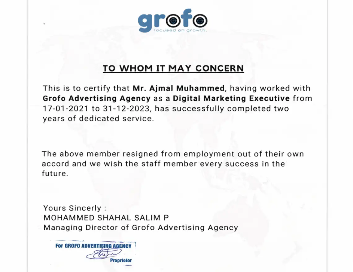 Experience certificate for Ajmal Muhammed from Grofo Advertising Agency confirming role as Digital Marketing Executive