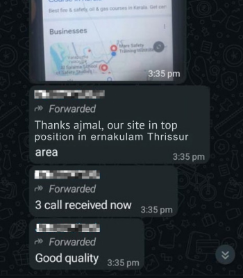 Client WhatsApp message showing website ranked top position in Ernakulam and Thrissur with 3 calls received and good quality feedback.