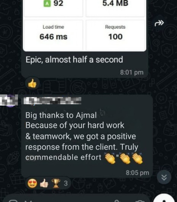 Website performance score showing 92 rating with 646ms load time and client appreciation message.