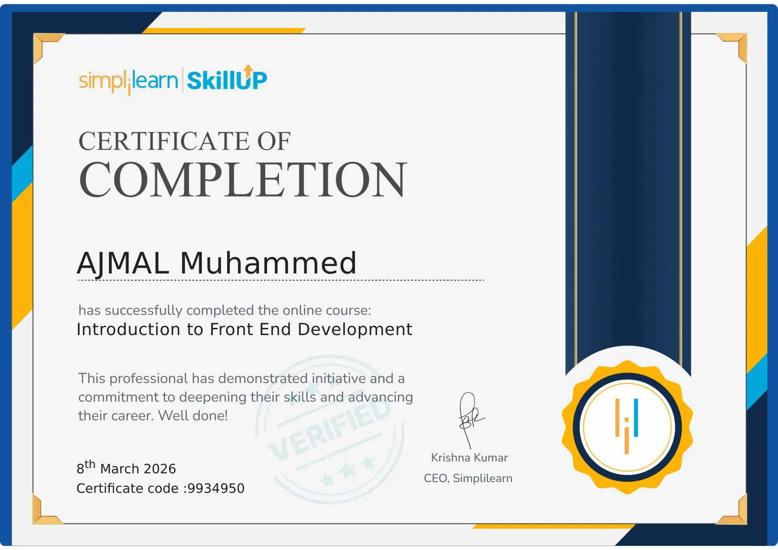 Introduction to Front End Development certificate awarded to Ajmal Muhammed from Simplilearn SkillUp dated 8 March 2026