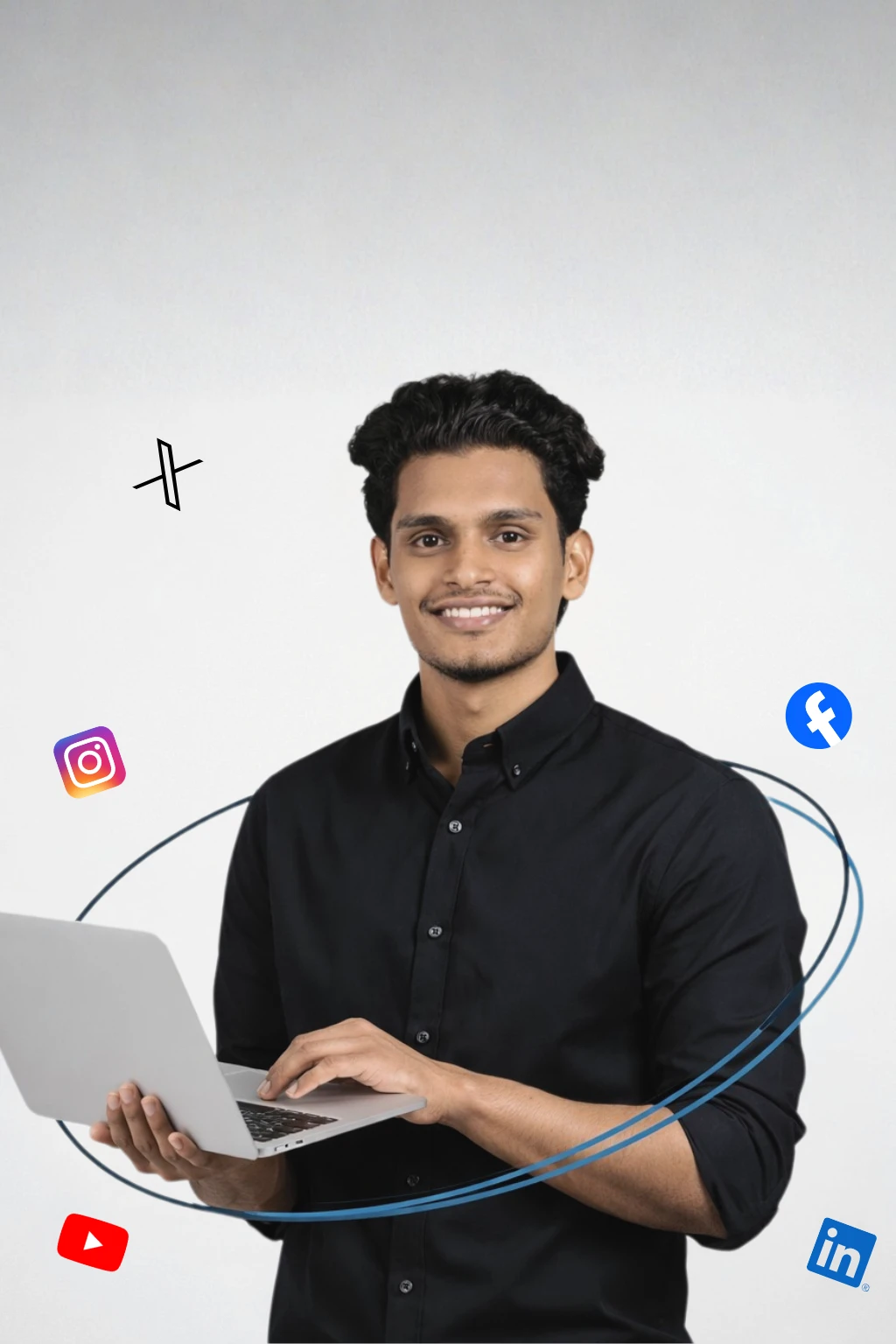 Social media marketing expert in Kerala working on laptop with Facebook Instagram icons