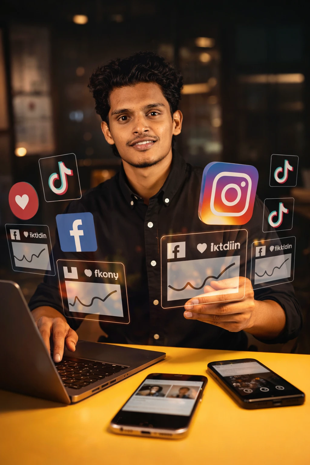 Content marketing Services, A provider professional managing social media platforms and analytics on laptop